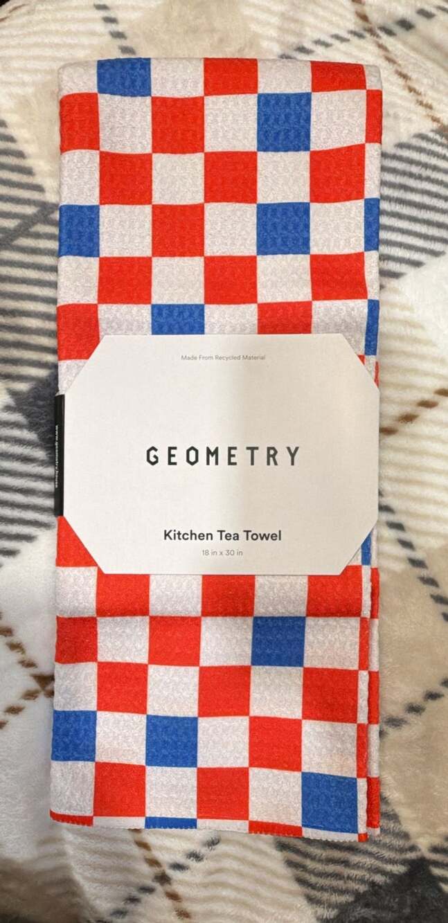 Geometry Kitchen Tea Towel Size 18 in x 30 in Red White Blue Checkered
